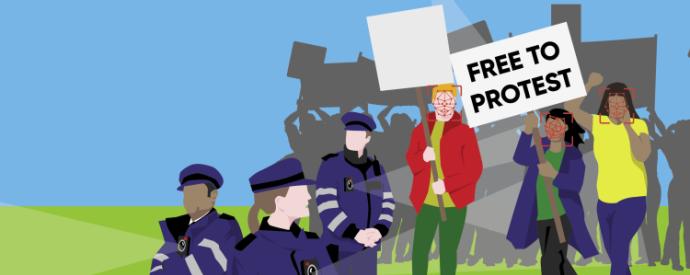 Free to Protest graphic - illustration of protest scene